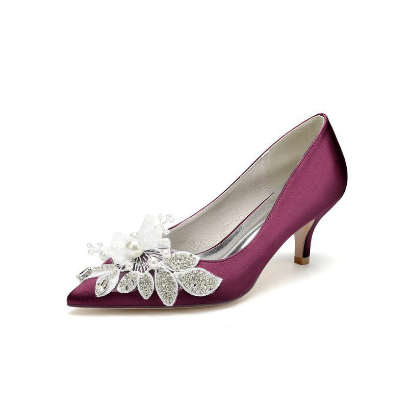 Floral Beading Pointed Toe Satin Kitten Heels