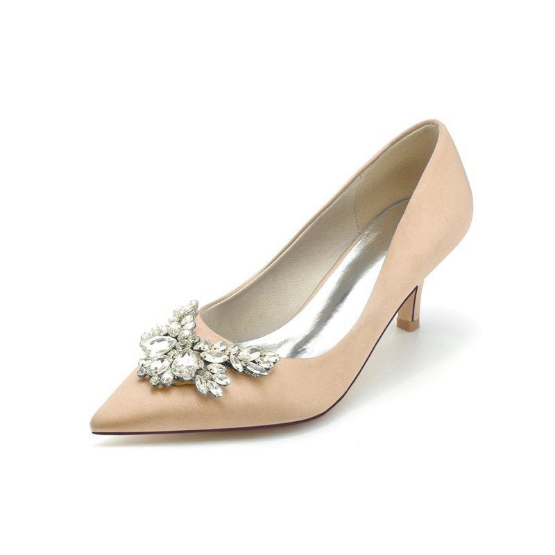 Rhinestone Pointed Toe Satin Kitten Heels