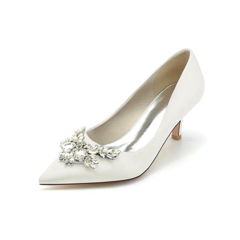 Rhinestone Pointed Toe Satin Kitten Heels