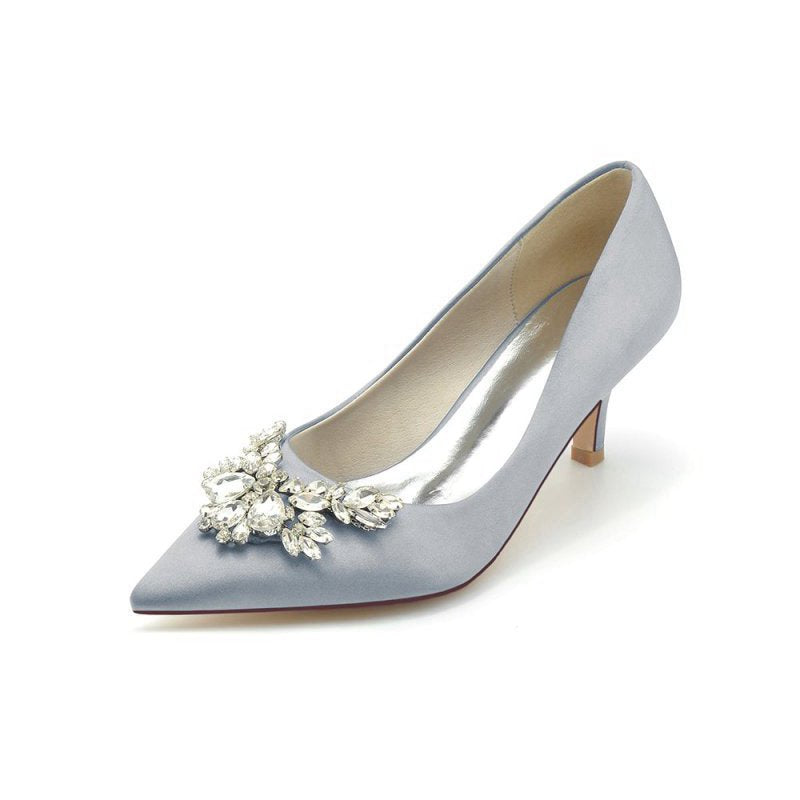 Rhinestone Pointed Toe Satin Kitten Heels