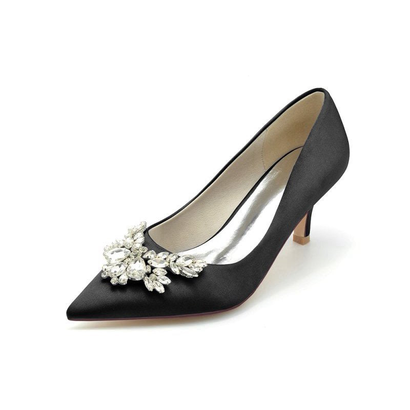 Rhinestone Pointed Toe Satin Kitten Heels