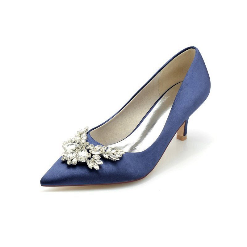 Rhinestone Pointed Toe Satin Kitten Heels