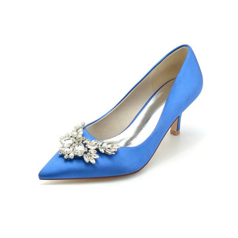 Rhinestone Pointed Toe Satin Kitten Heels