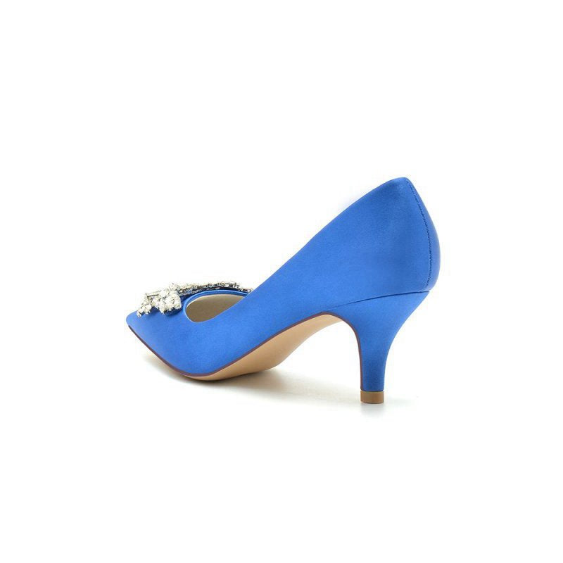 Rhinestone Pointed Toe Satin Kitten Heels