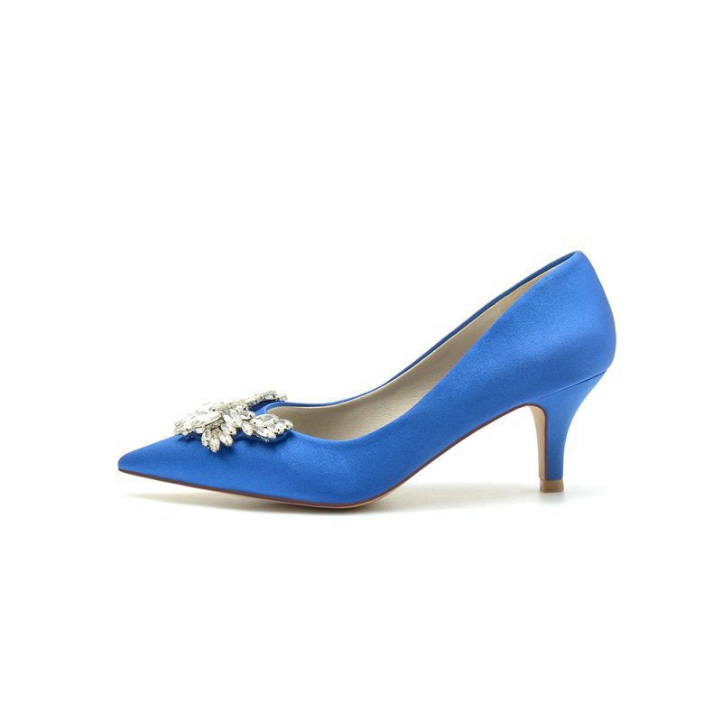 Rhinestone Pointed Toe Satin Kitten Heels