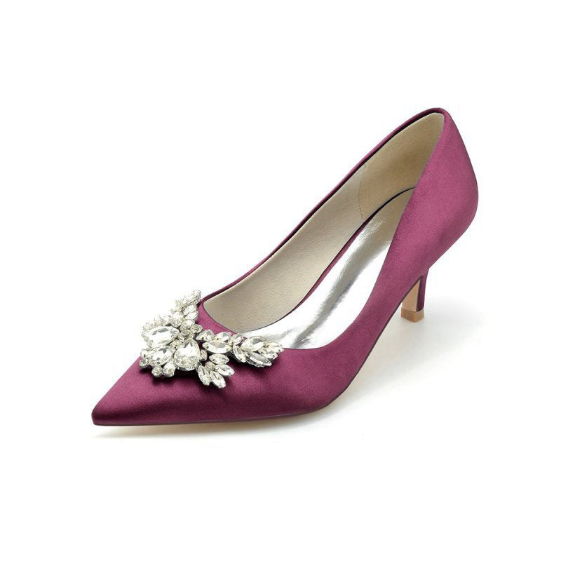 Rhinestone Pointed Toe Satin Kitten Heels
