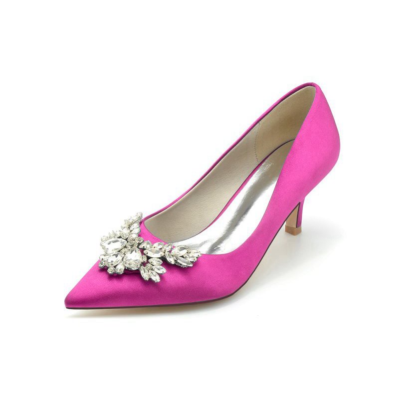 Rhinestone Pointed Toe Satin Kitten Heels