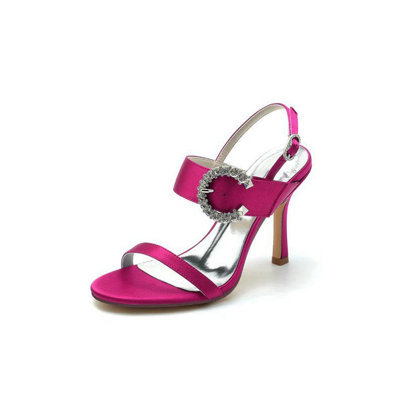 Open Toe Satin Heels with Crystal Buckle