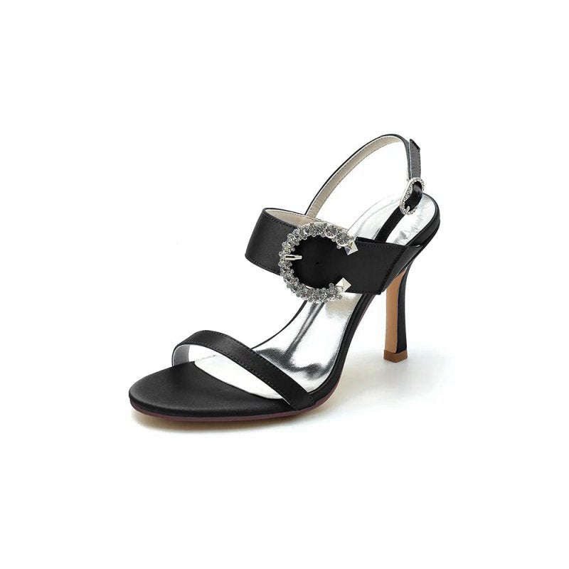 Open Toe Satin Heels with Crystal Buckle
