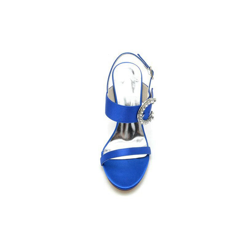 Open Toe Satin Heels with Crystal Buckle