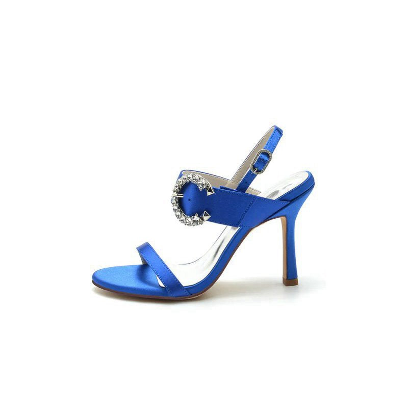 Open Toe Satin Heels with Crystal Buckle