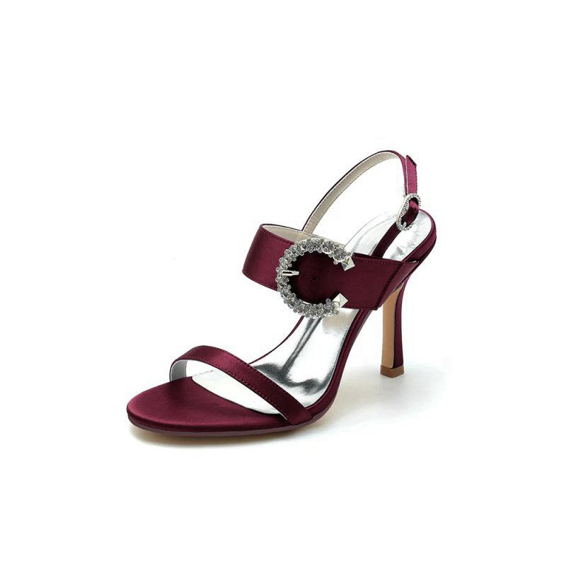 Open Toe Satin Heels with Crystal Buckle
