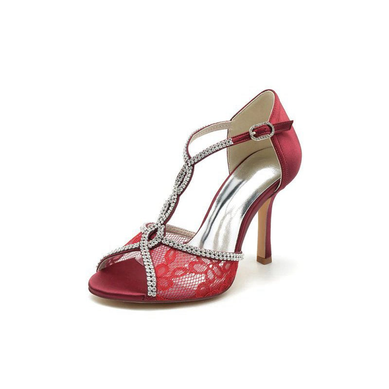 Elegant Lace Open Point Toe Stiletto Heels with Rhinestone