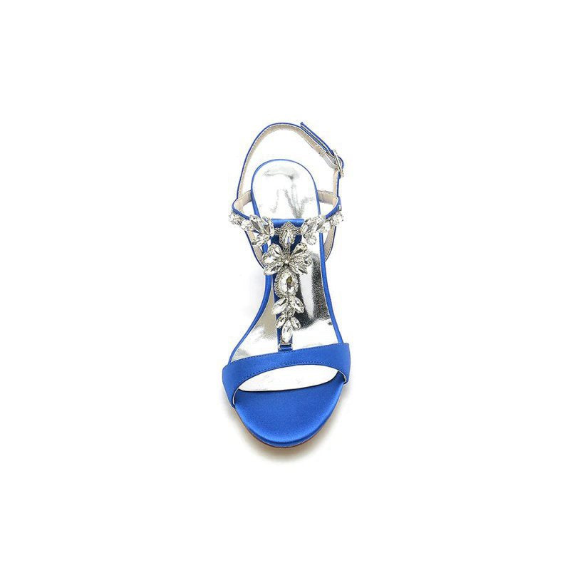 Open Toe Chunky Heels With Rhinestone Flower