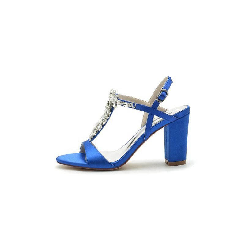 Open Toe Chunky Heels With Rhinestone Flower