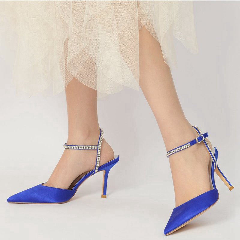 Party Crystal Strap Pointed Toe Satin Stiletto Heels