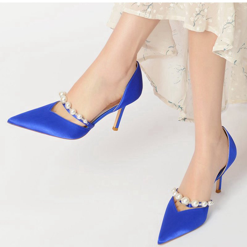 Party Pearl Strap Pointed Toe Satin High Heels