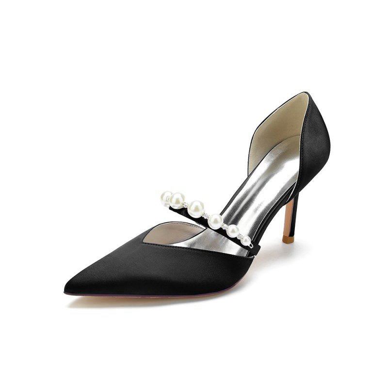 Party Pearl Strap Pointed Toe Satin High Heels