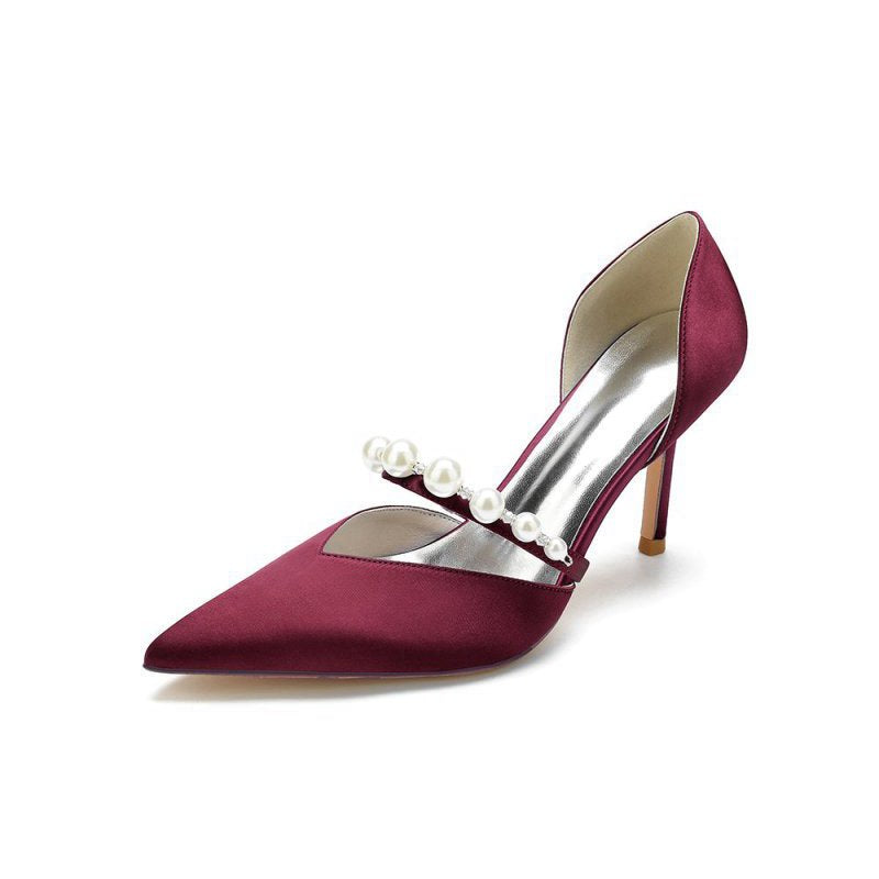 Party Pearl Strap Pointed Toe Satin High Heels