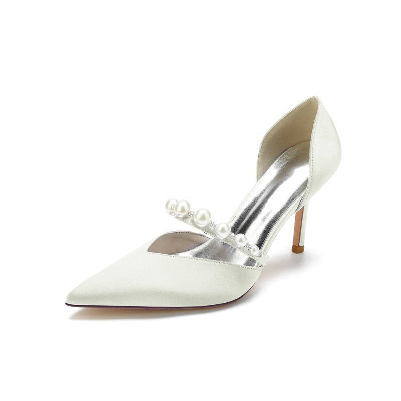 Party Pearl Strap Pointed Toe Satin High Heels