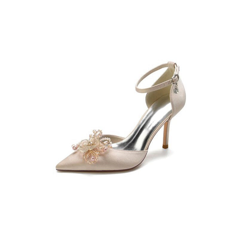 Pointed Toe Crystal Flower Ankle Strap Stiletto Heels