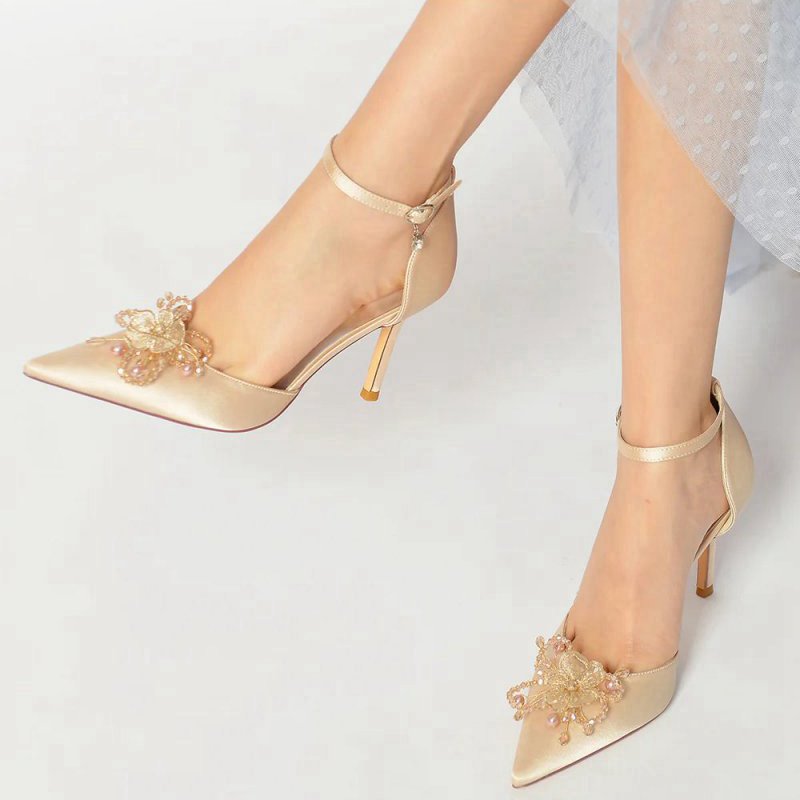 Pointed Toe Crystal Flower Ankle Strap Stiletto Heels