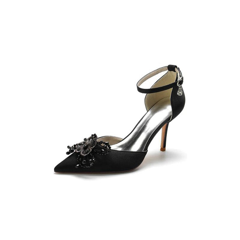 Pointed Toe Crystal Flower Ankle Strap Stiletto Heels