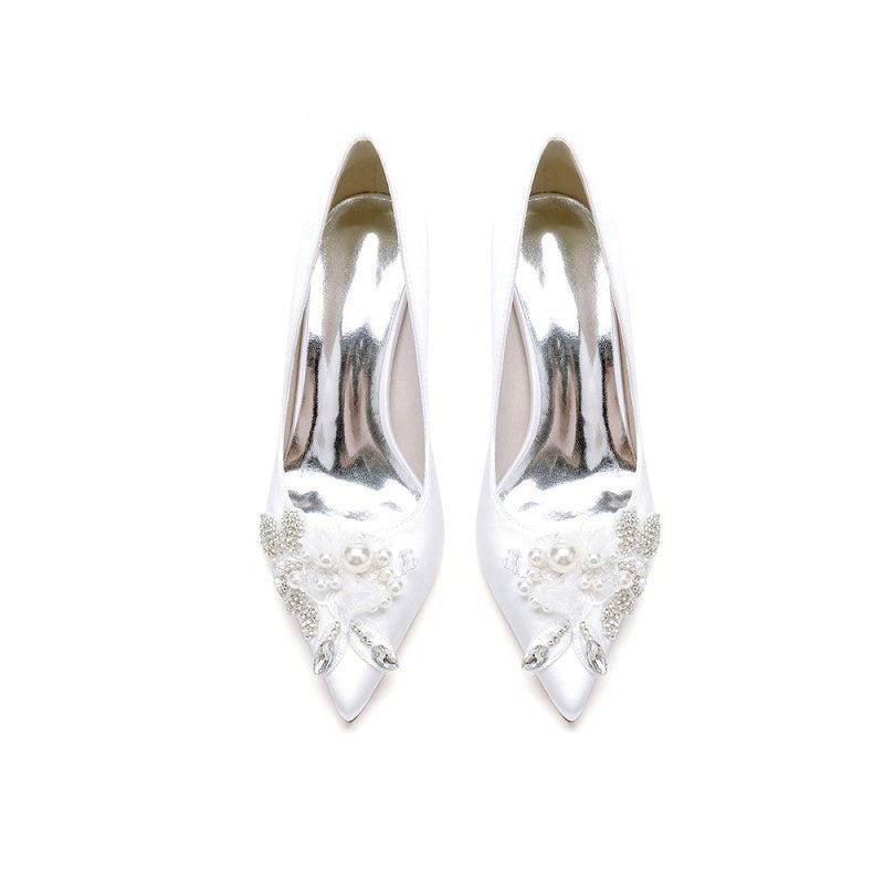 Pointed Toe Satin Bridal Heels with Crystal Flower