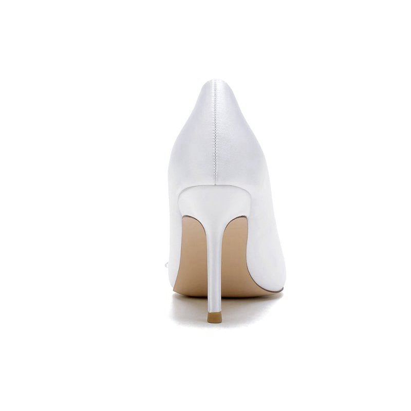 Pointed Toe Satin Bridal Heels with Crystal Flower