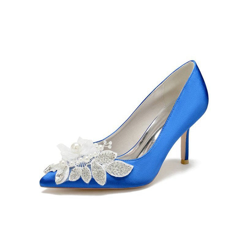 Pointed Toe Satin Bridal Heels with Crystal Flower