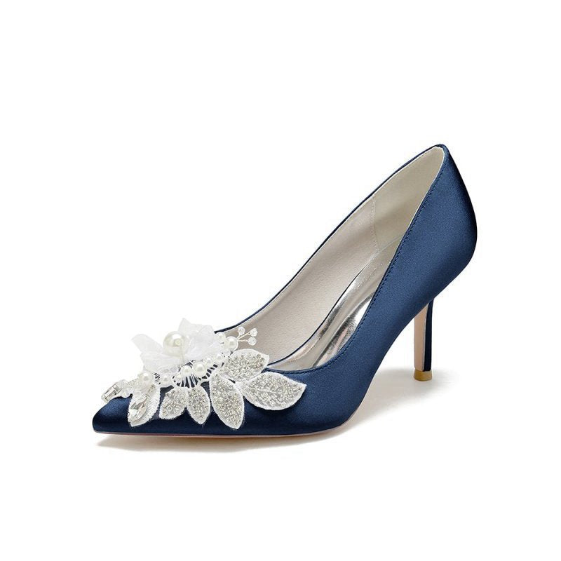 Pointed Toe Satin Bridal Heels with Crystal Flower