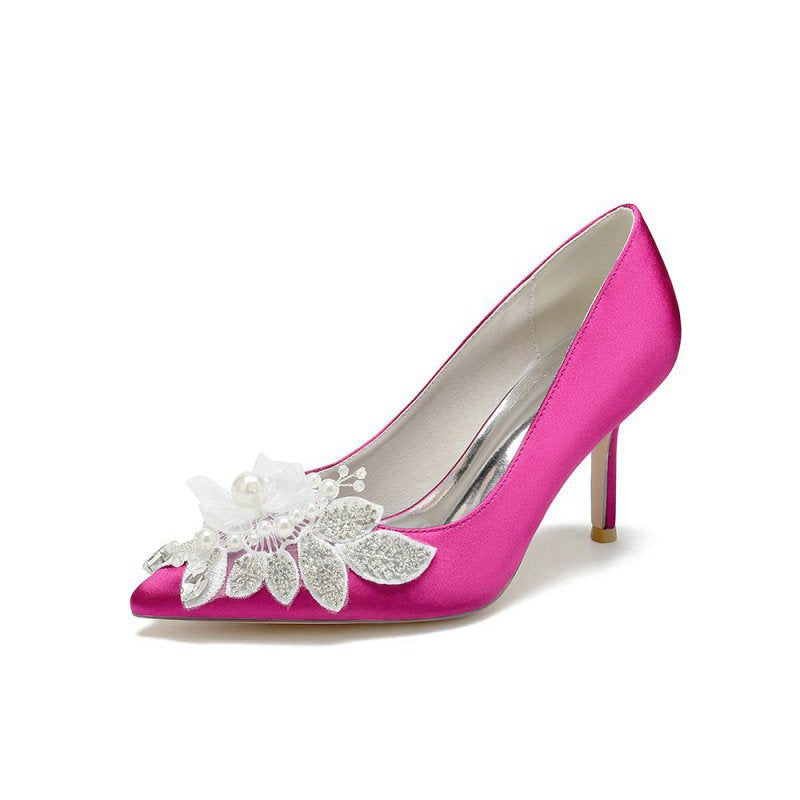 Pointed Toe Satin Bridal Heels with Crystal Flower