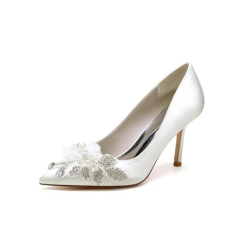 Pointed Toe Satin Bridal Heels with Crystal Flower