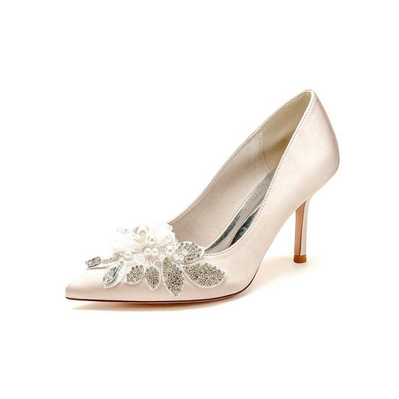 Pointed Toe Satin Bridal Heels with Crystal Flower