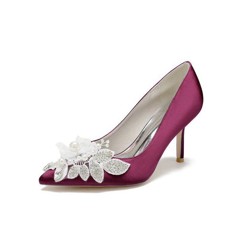 Pointed Toe Satin Bridal Heels with Crystal Flower