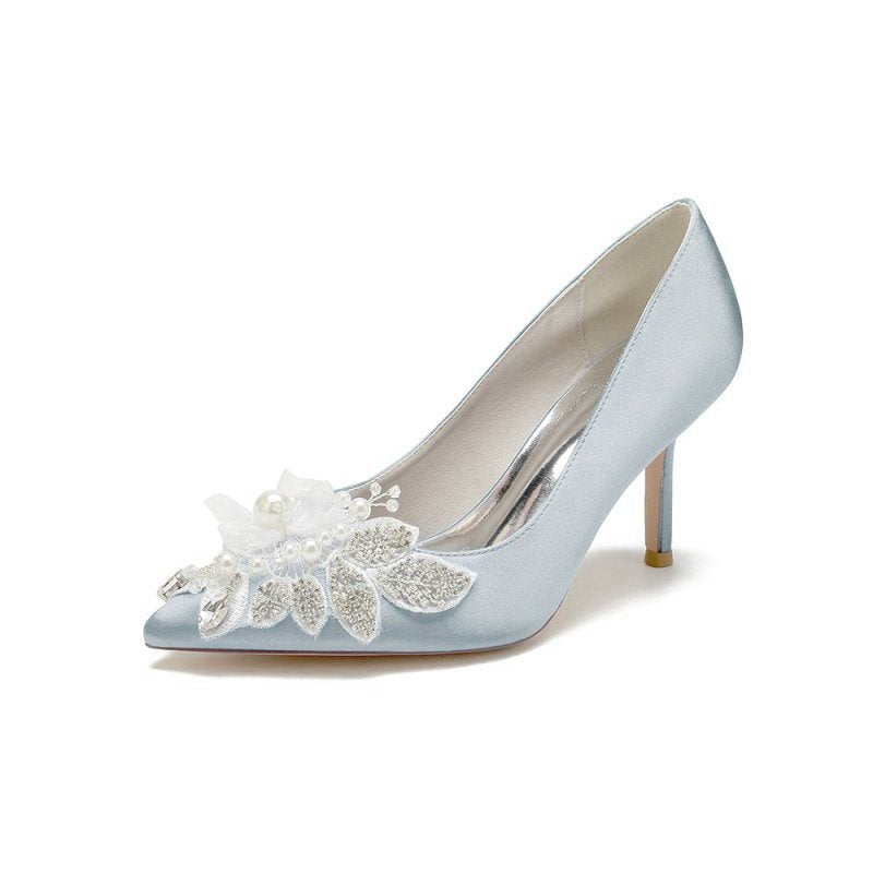 Pointed Toe Satin Bridal Heels with Crystal Flower