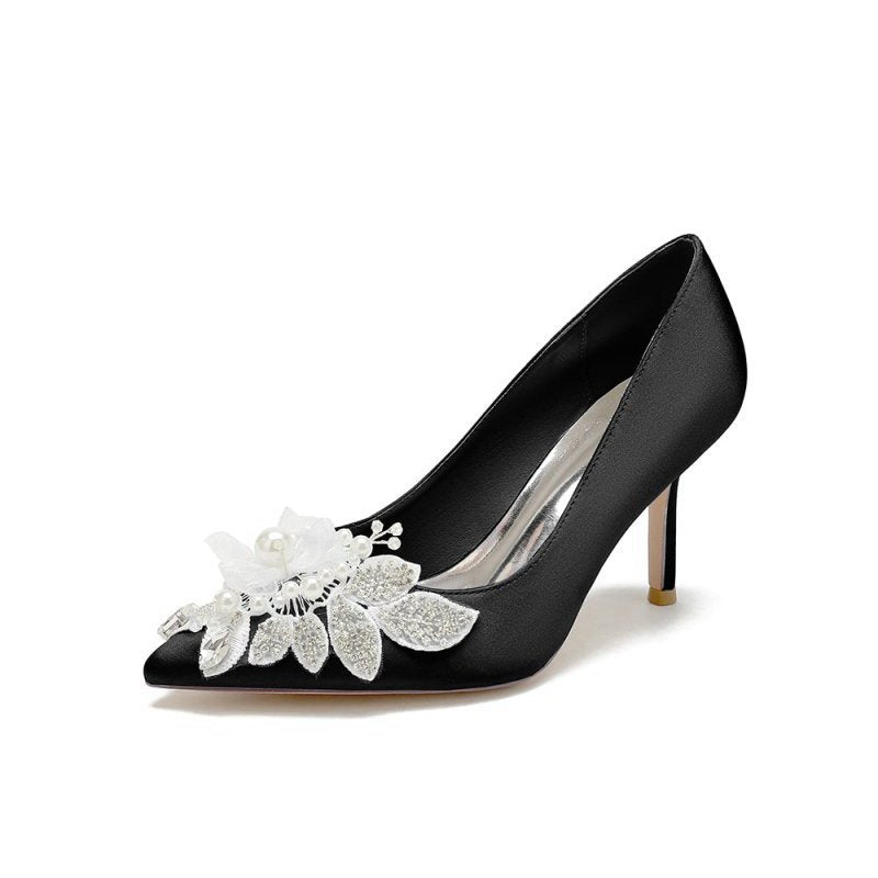 Pointed Toe Satin Bridal Heels with Crystal Flower