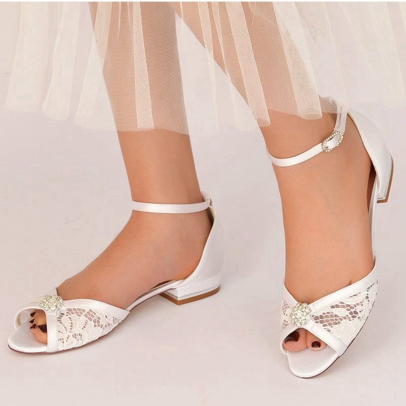 Lace Open Toe Flats with Ankle Strap