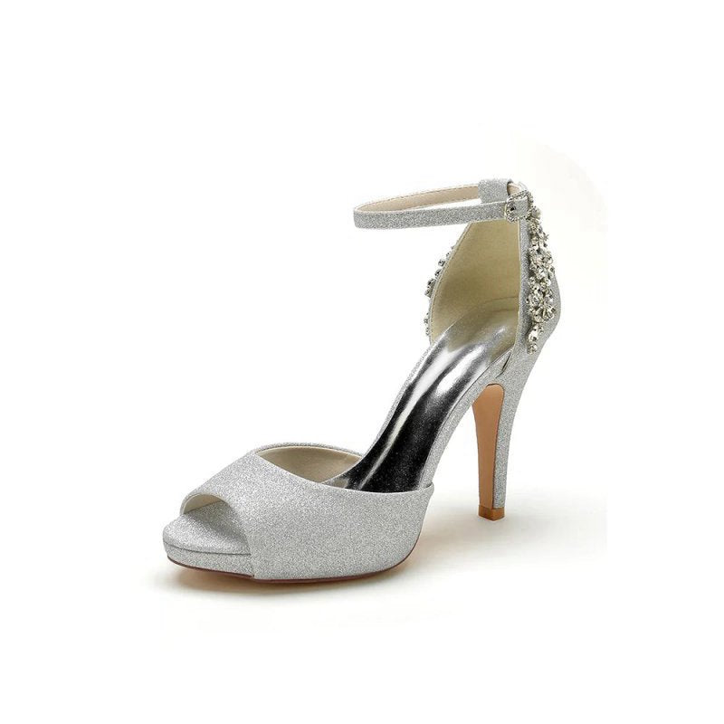 Peep Toe Chunky Heel Rhinestone Embellished