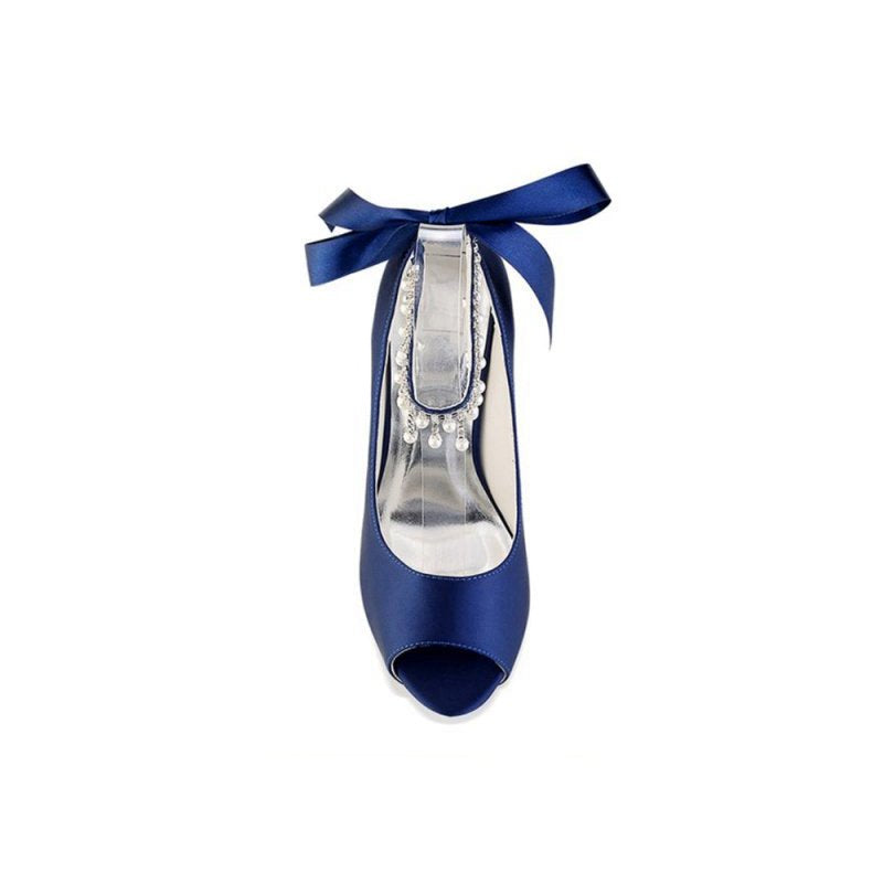 Chic Peep Toe Ribbons Faux Pearl Strap Pumps