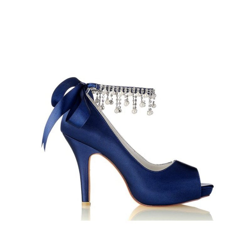 Chic Peep Toe Ribbons Faux Pearl Strap Pumps