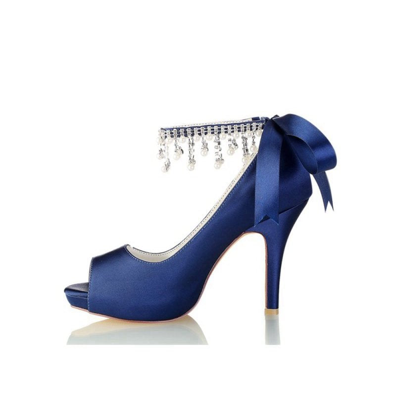Chic Peep Toe Ribbons Faux Pearl Strap Pumps