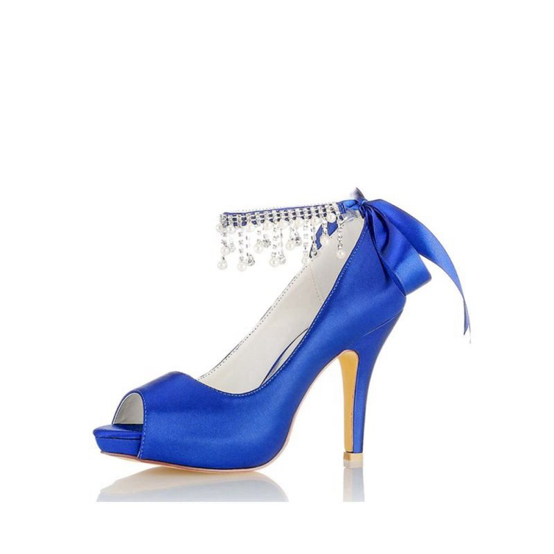 Chic Peep Toe Ribbons Faux Pearl Strap Pumps