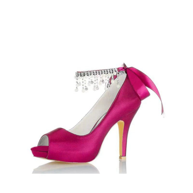 Chic Peep Toe Ribbons Faux Pearl Strap Pumps