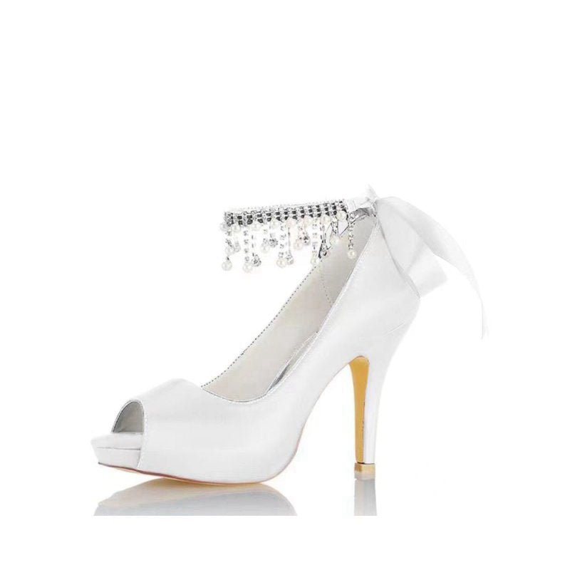 Chic Peep Toe Ribbons Faux Pearl Strap Pumps