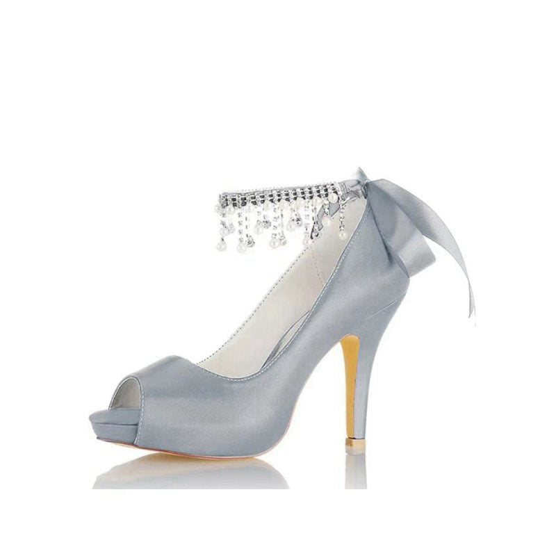 Chic Peep Toe Ribbons Faux Pearl Strap Pumps