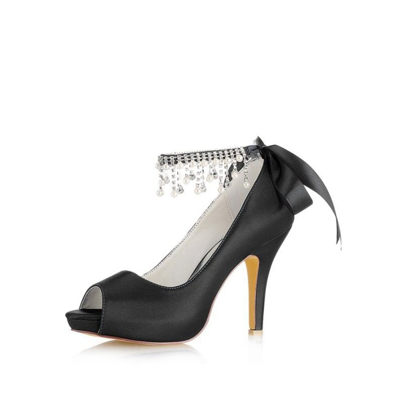 Chic Peep Toe Ribbons Faux Pearl Strap Pumps