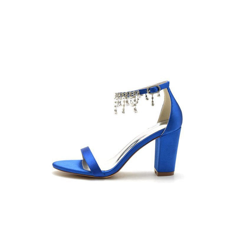 Open Toe Block Heels with Rhinestone Tassel