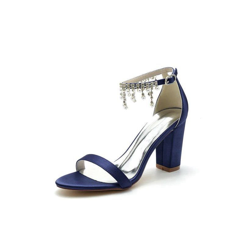 Open Toe Block Heels with Rhinestone Tassel