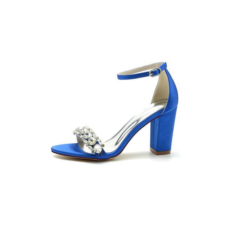 Open Toe Chunky Heels with Rhinestone